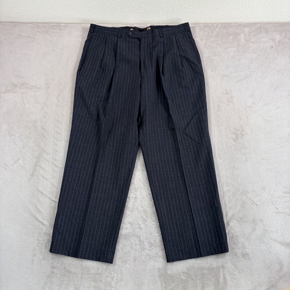 Vintage Lands End Pleated Pants Trousers Men 38x28 Grey Striped Wool 90s 80s